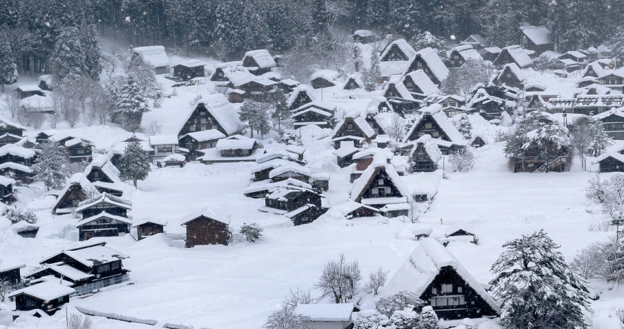 Snowfall in Shirakawa-go village in winter, UNESCO world heritage sites, Japan. | Shutterstock HD Video #1097634613