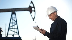 oil business. engineer next to an oil rig signs a paper contract. oil production industry finance concept. gas production. a worker oil production next an station. a sun worker in hard hat works - Powered by Shutterstock - Get 15% off with code: PIKWIZARD15