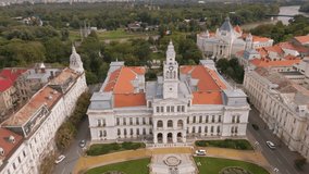 Aerial video shot in Arad city center with the Administrative palace and the Cultural palace in the view. Footage was shot from a drone while flying forward, above the Administrative palace.