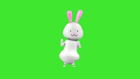 3D character of a cute rabbit funny dances on a green screen background. 3D animation.