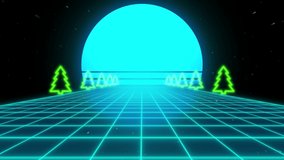 Trendy retro futuristic blue neon lights 3d road among deep space with Christmas trees. 3D render. Retrowave VJ videogame landscape, neon lights and low poly terrain grid. Seamless loop footage video

