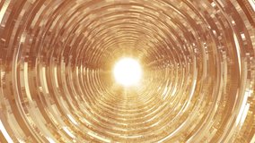 A rotating golden metallic shiny tunnel with walls of ribs and lines in the form of a circle with reflections of luminous rays. Abstract background. Video in high quality 4k, motion design