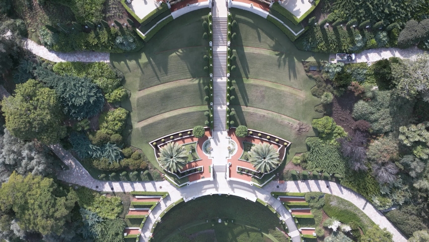 Top-down aerial view of Bahai Gardens in Haifa city, Israel