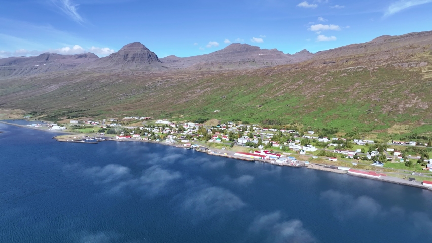 Aerial Drone View Of The Picturesque Town Of Faskrudsfjordur In East Iceland.
