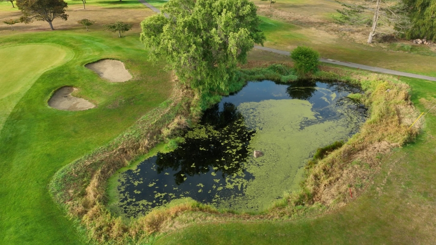 Aerial view of a decorative pond at a well maintained golf course.