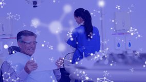 Animation of molecules over male patient in dentist's chair. Global dentistry, medicine, healthcare and data processing concept digitally generated video.