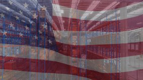 Animation of flag of usa over warehouse. Global shipping, finances and delivery concept digitally generated video.