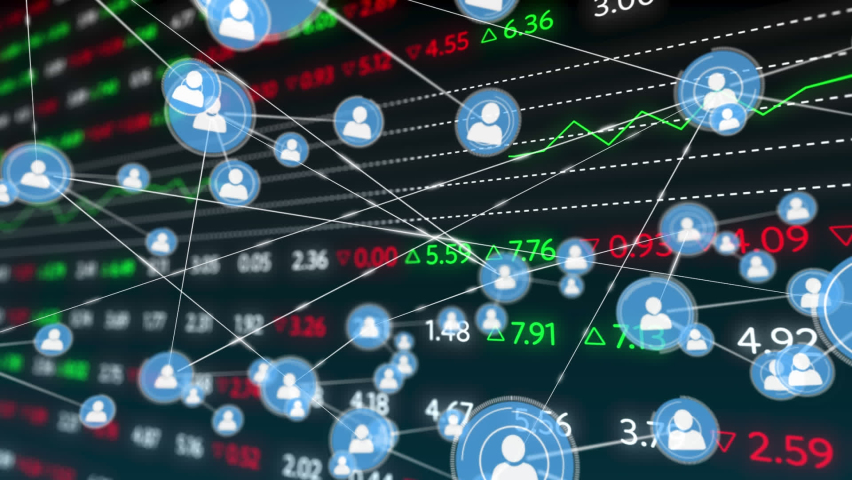 Animation of network of profile icons over stock market data processing against black background. Global economy and business networking technology concept - Powered by Shutterstock - Get 15% off with code: PIKWIZARD15