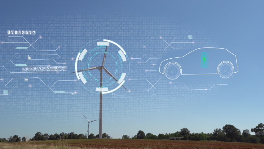 electric vehicle car in the hologram on a wind turbine with environment ecology sign hologram sustainable clean energy.