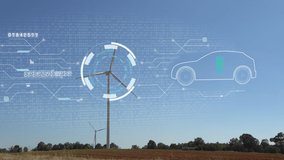 electric vehicle car in the hologram on a wind turbine with environment ecology sign hologram sustainable clean energy. - Powered by Shutterstock - Get 15% off with code: PIKWIZARD15