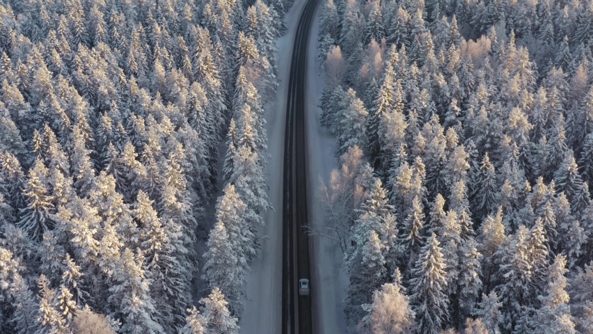 Winter road between snow covered forest at sunset aerial view. Sunny day, sun flare in the top of trees. One car on the road. Establishing shot, background