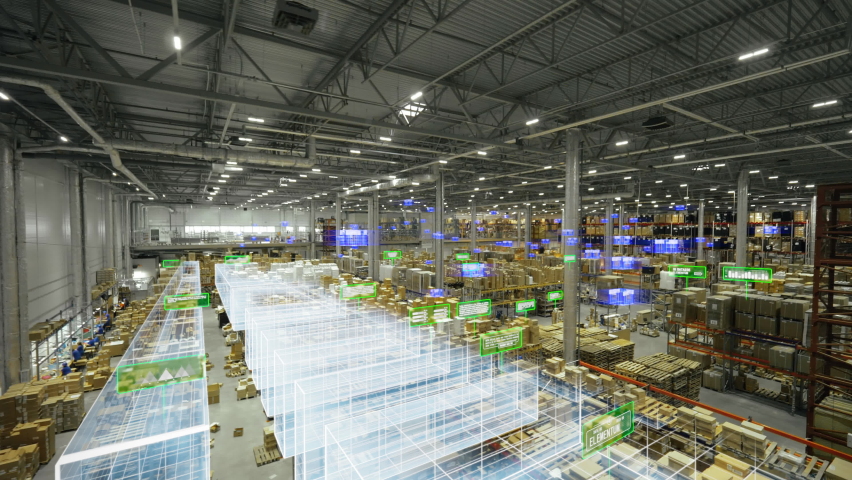 Aerial view of large industrial storehouse with moving holograms. . Logistics warehouse with holographic icons. Modern digital warehouse. - Powered by Shutterstock - Get 15% off with code: PIKWIZARD15