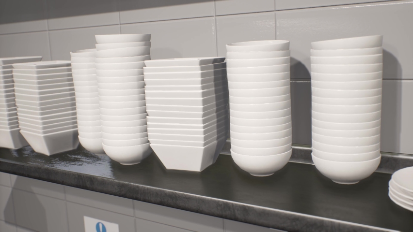 Shelf with Plates, Kitchen of a Restaurant, Hotel, Food 3D Animations Rendering CGI 4K