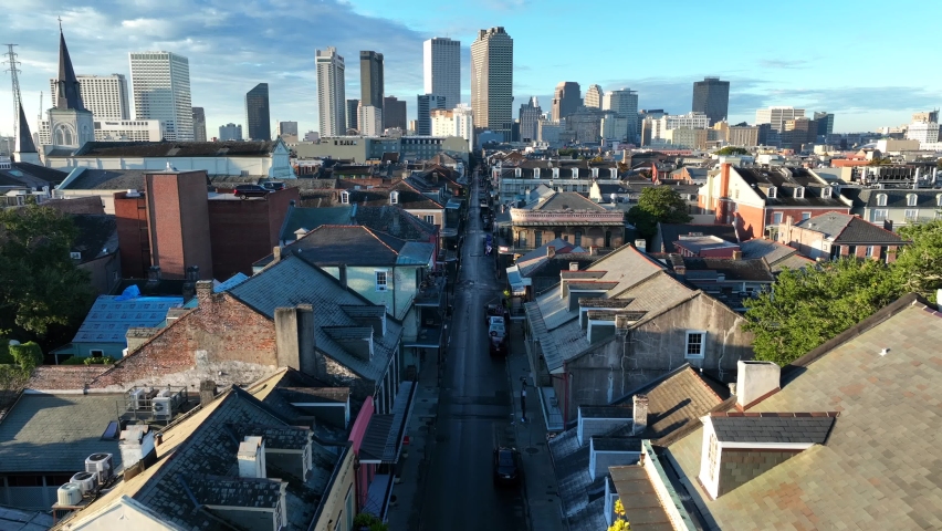New Orleans skyline. Aerial pullback reveal from French Quarter and Bourbon Street.