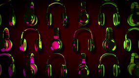 Animated RGB Illuminated Music DJ Headphones Rotate In Dark Red Background. Modern Stereo DJ Headphones Amplify Audio Quality. Web Media Background. DJ Headphone Sound System. Digital Background