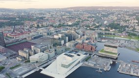 Inscription on video. Oslo, Norway. View overlooking the town. Sunset. Aerial view. On the mechanical display, Aerial View, Point of interest