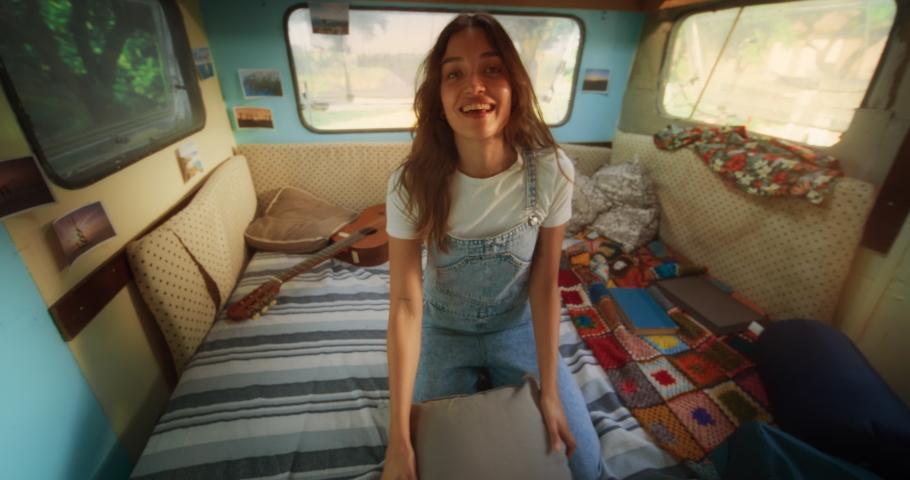 Beautiful Girlfriend Laughing, Fighting with Pillows with Her Partner in a Stylish Old Fashioned RV Camper. Loving Couple Playing, Fooling Around in the Back of Their Motorhome. POV Footage.