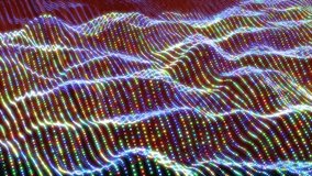 Abstract bright glowing multicolored rainbow waves and lines from particles and dots in the form of a field with a blur effect. Abstract background. Video in high quality 4k, motion design