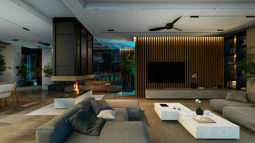 4K video rendering of modern cozy interior with living,dining zone stair and kitchen for sale or rent with wood plank by the sea or ocean. Spacious apartments with expensive furniture in night | Shutterstock HD Video #1097727179
