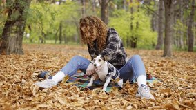 Young girl puts the plaid jacket on Jack Russell Terrier puppy in autumn park