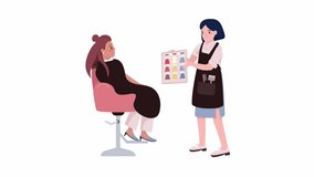 Animated hair style salon characters. Customer choosing hair color, Full body flat people on white background with alpha channel transparency. Colorful cartoon style HD video footage for animation