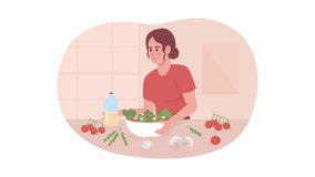 Animated isolated woman makes salad. Looped flat 2D character HD video footage. Cooking healthy food colorful animation on white background with alpha channel transparency for website, social media