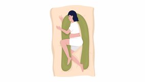 Animated pregnant female character. Sleeping with pregnancy pillow. Full body flat person on white background with alpha channel transparency. Colorful cartoon style HD video footage for animation