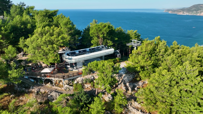 Funicular in the Turkish city of Alanya, top point, aerial view, rest on the old fortress