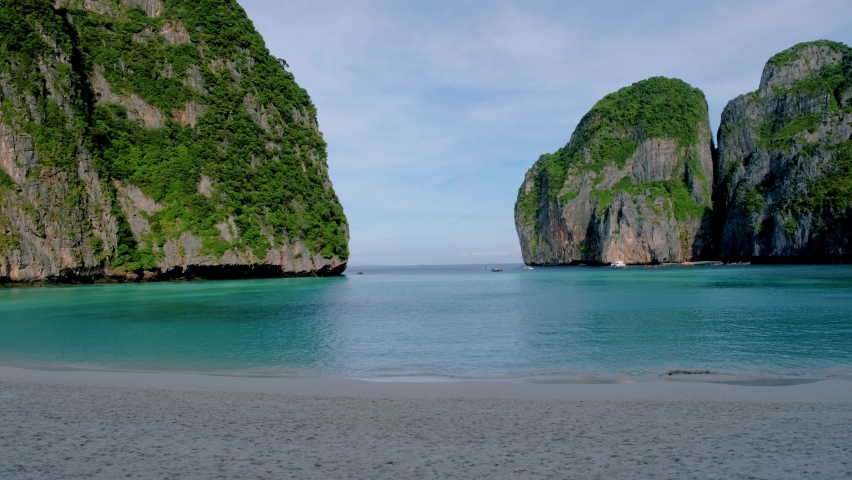 Koh Phi Phi Thailand empty Maya beach in the early morning with no tourist on the beach in the morning at Koh Phi Phi | Shutterstock HD Video #1097729701