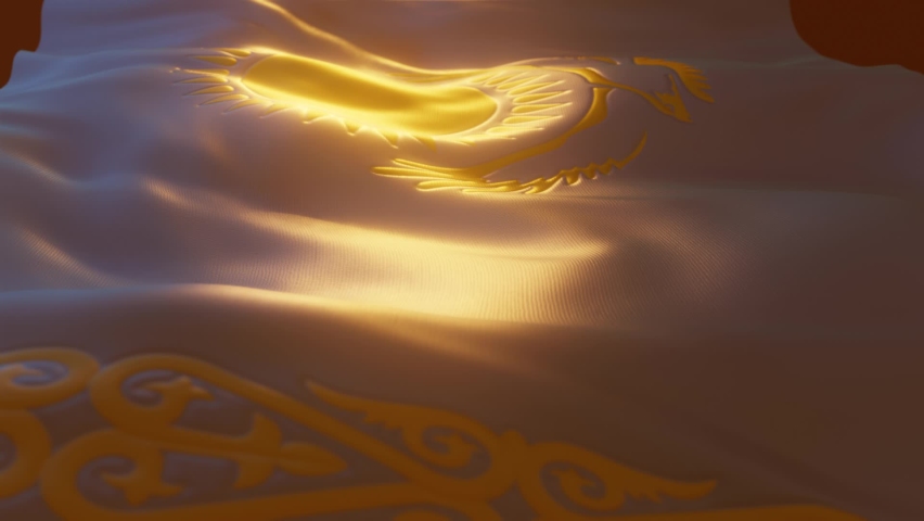 Kazakhstan Flag, Close up, Low Side Angle with Warm Atmospheric Lighting, 3d render