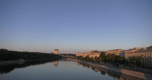4K summer morning video of buildings at river embankment in Moscow city center, Russia