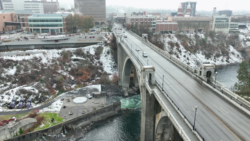 Aerial view of the historic Monroe Street Bridge in Spokane, Washington during winter time.