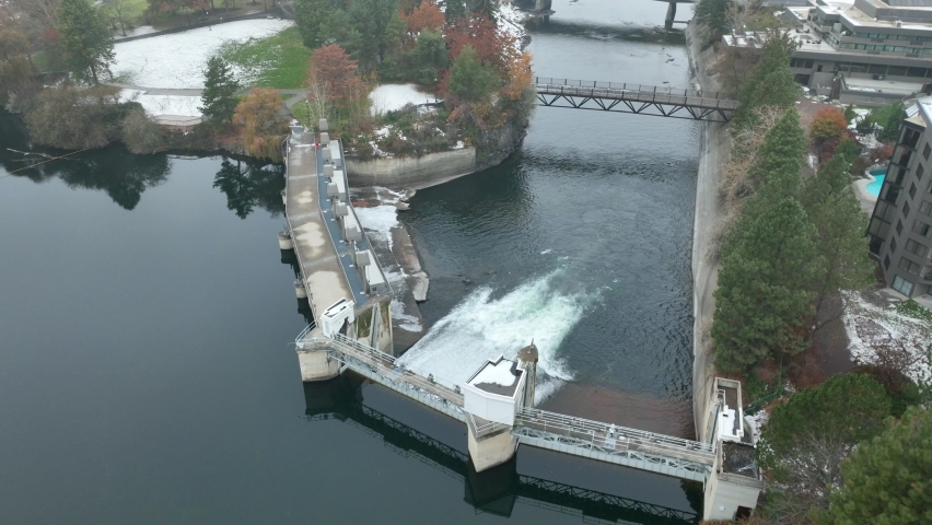 Aerial view of the dam controlling the Spokane Falls water flow in Washington State.