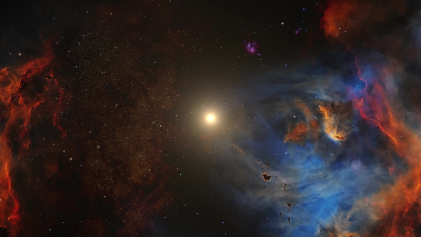 4k red and blue nebula floating and moving in the great universe