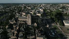 Saint Julian or St Julien of Le Mans cathedral catholic church, France. Aerial top-down view