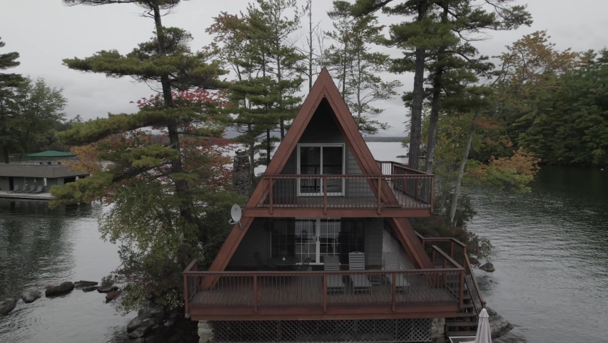 Drone footage of a lake cabin