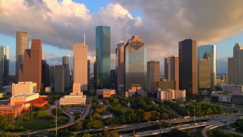 Skyline of Houston Texas at sunset - aerial view