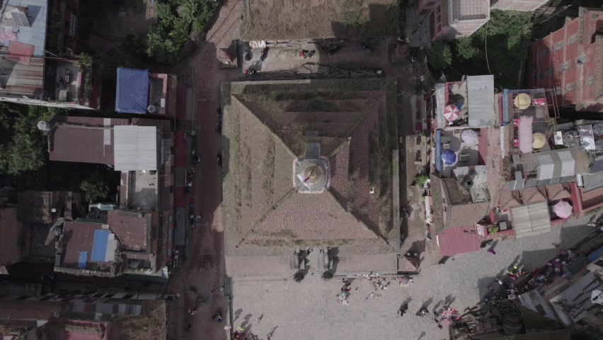Nepal Bhaktapur Nyatapola Temple Aerial Shot Top View Reveal in Kathmandu Log - World Heritage Site