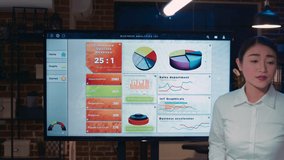 Business analytics team meeting, woman showing corporate presentation, marketing strategy planning. Sale statistics diagrams at digital board, coworkers brainstorming in office - Powered by Shutterstock - Get 15% off with code: PIKWIZARD15