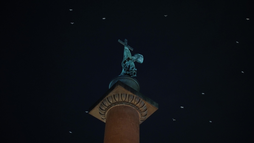 Alexandrian Column on Palace Square, at night, a flock of birds flies over the column