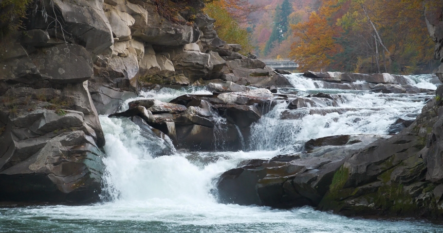 Probiy - waterfall on Prut River in Yaremche City, Ivano-Frankivsk Oblast, Ukraine. Is one of most beautiful and powerful waterfalls of Ukrainian Carpathians. Cinema 4K video with sound
