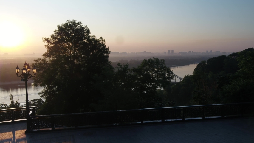 Monument to Volodymyr the Great - the baptizer of Kievan Rus. Dawn. Ukraine. Kyiv. View of the Dnieper River. Aerial. 