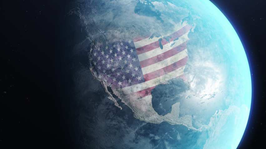 USA country view from space - The United States of America flag in continent on earth map spinning slowly. America patriotic concept, 3d render animation Royalty-Free Stock Footage #1097773387