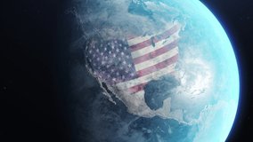 USA country view from space - The United States of America flag in continent on earth map spinning slowly. America patriotic concept, 3d render animation - Powered by Shutterstock - Get 15% off with code: PIKWIZARD15