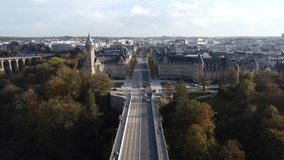 Scenic Drone Aerial Footage of Luxembourg City, including Cathédrale Notre-Dame, Pont Adolphe and Bourbon-Platte.