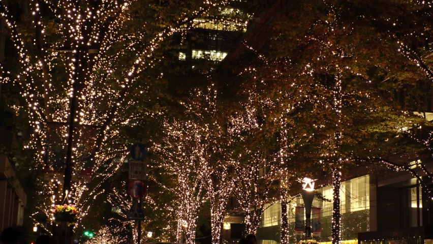 TOKYO, JAPAN - NOVEMBER 2021 : Christmas illumination, led light up at Marunouchi area. Scenery of downtown city and street at night. Japanese winter and Christmas season concept.