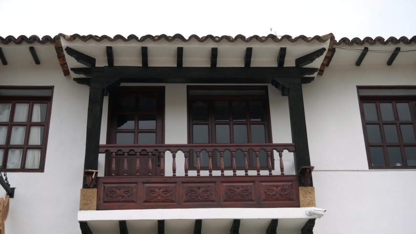Colombia 2022   Villa de Leyva -  The spanish  colonial city with stone-paved streets and the Plaza Mayor the second largest square in South America - tourist attraction close to Bogota - old balcony