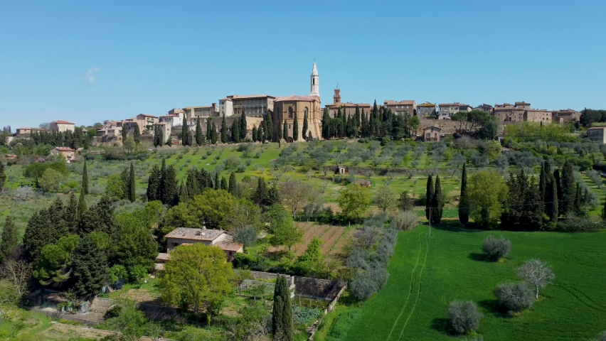 Pienza. Ideal city. Romantic city. Corsignano. Sienna province. Renaissance. Tuscany. Aerial views. Drone. Orcia Valley. Walled city. Cathedral. Palace. Italy. Europe.