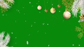 Christmas frame with Christmas ball and pine tree leaves on a green background. Christmas frame animation with key color.  Key color, Chroma key.