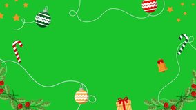 Christmas frame with Christmas ball, Noel flower, candy, and gift box on a green background. Christmas frame animation with key color.  Key color, Chroma key.